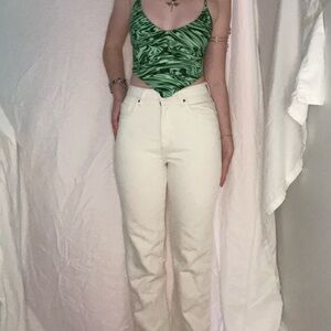 Green Swirl Bodysuit and White Jeans